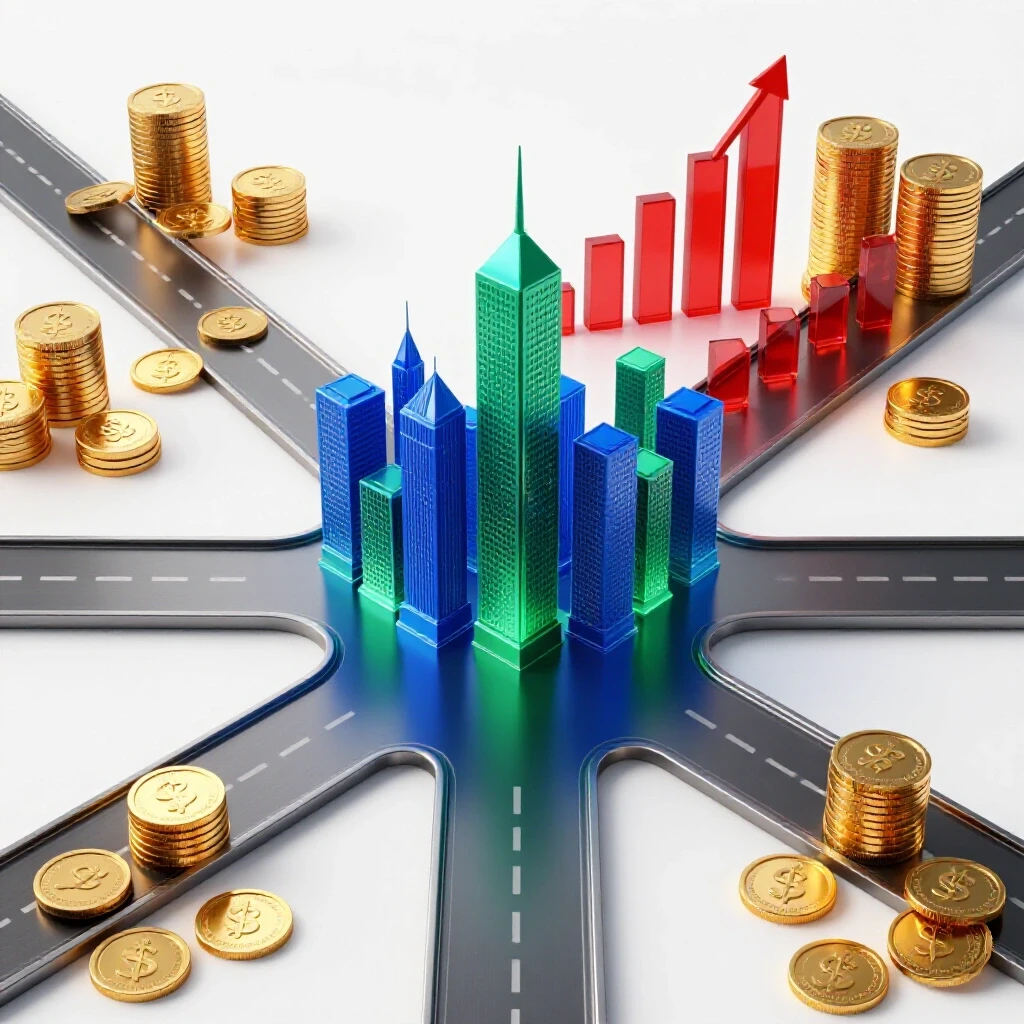 Crossroads with sleek metallic paths leading to a glowing city skyline and stacks of coins with financial graphs, all on a bright background.
