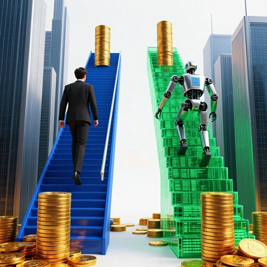 Split scene of corporate professional and tech path figures ascending toward stacks of gold coins on bright background