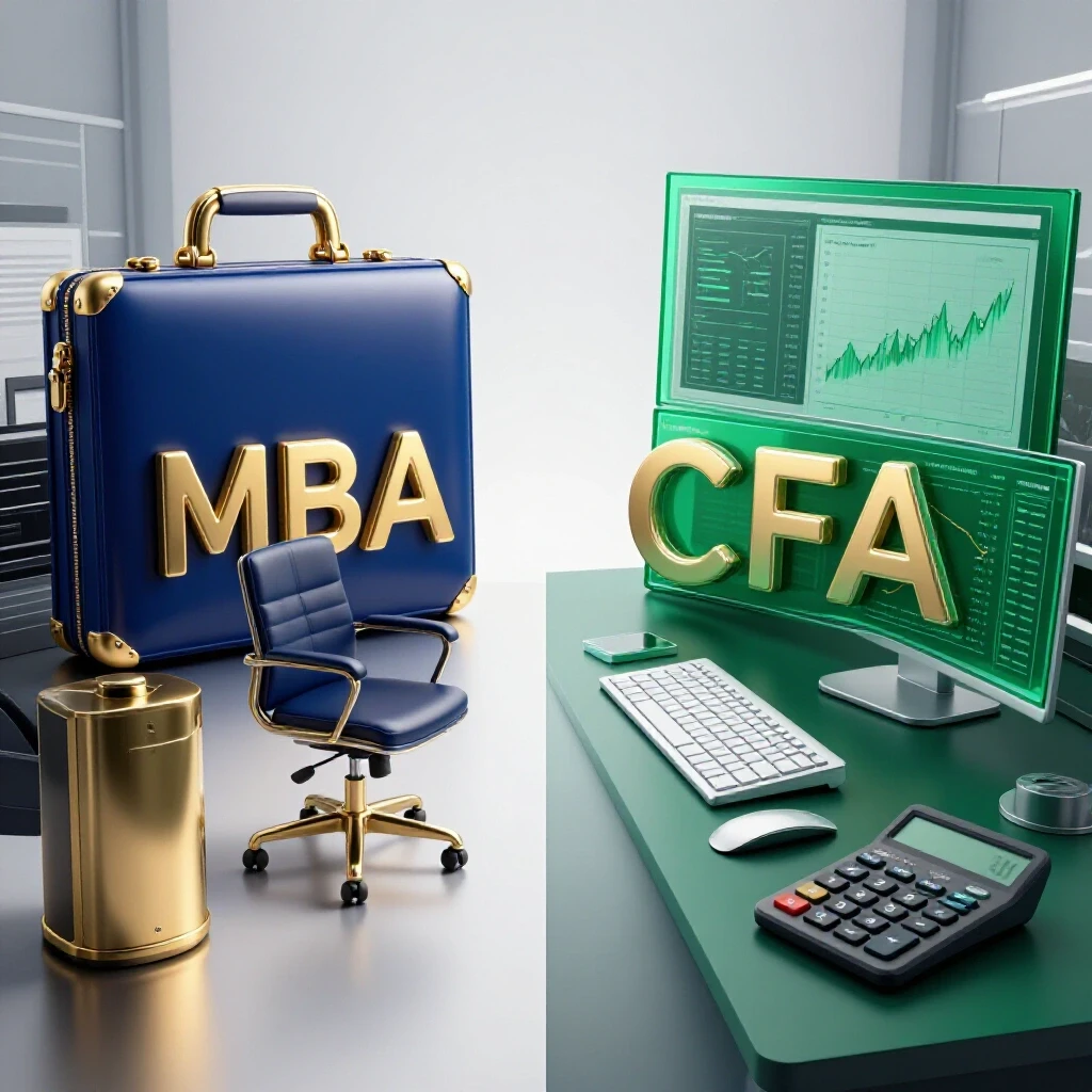Split scene showing glossy executive office objects on one side and vibrant financial analyst tools with data charts on the other, set against a luminous white background.