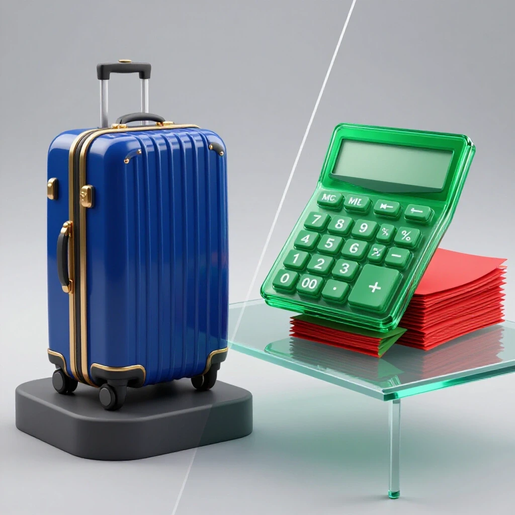 Split-image showing a deep blue briefcase on one side and an emerald green calculator with red financial documents on the other, separated diagonally to illustrate career path choices.