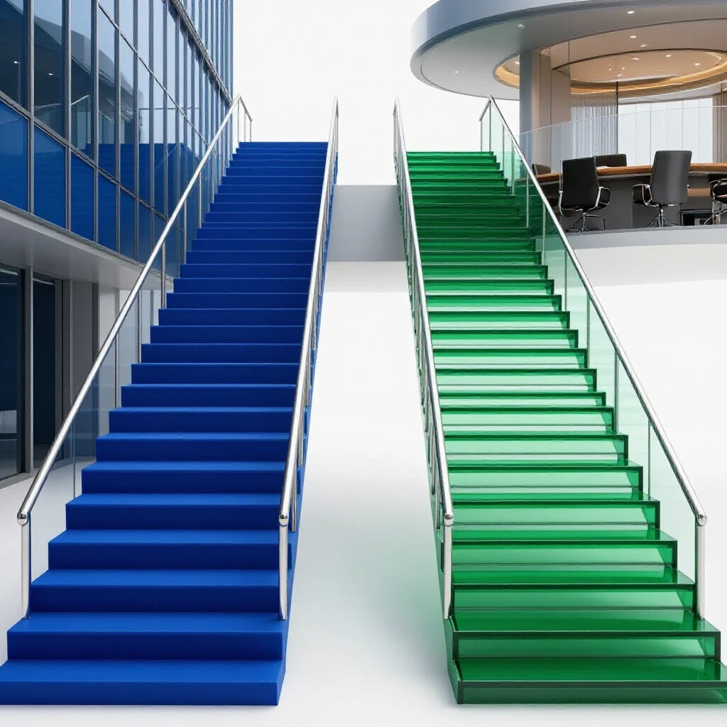 Split 3D pathway with blue stairs to a modern office and green glass stairs to a boardroom, illustrating MBA and EMBA paths.
