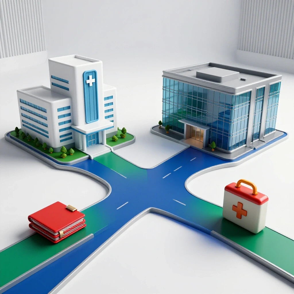 Split pathway leading to a modern hospital and a sleek corporate office, each with symbolic career objects.