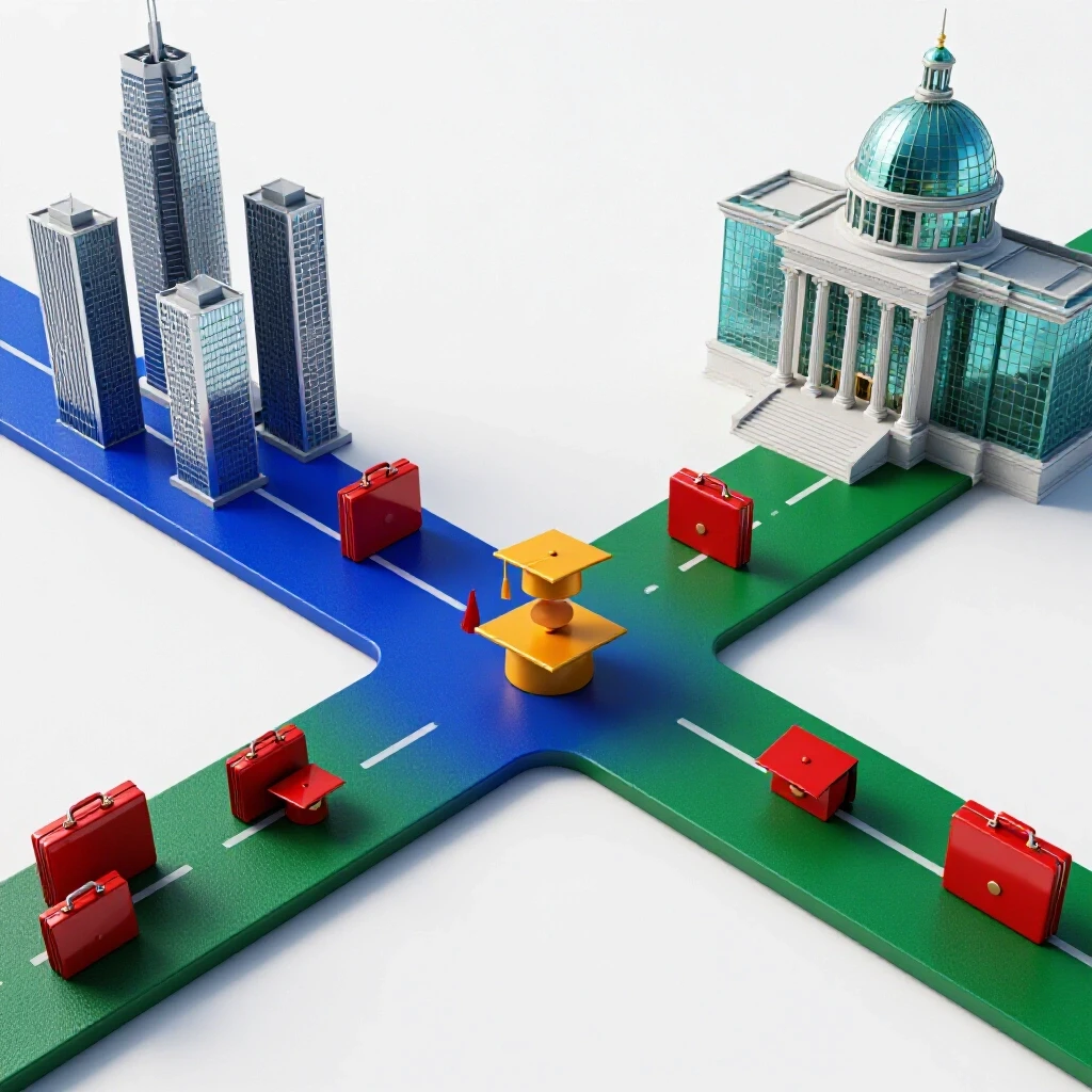 Vivid split path crossroads with paths leading to a corporate skyline and grand government building under a bright sky.