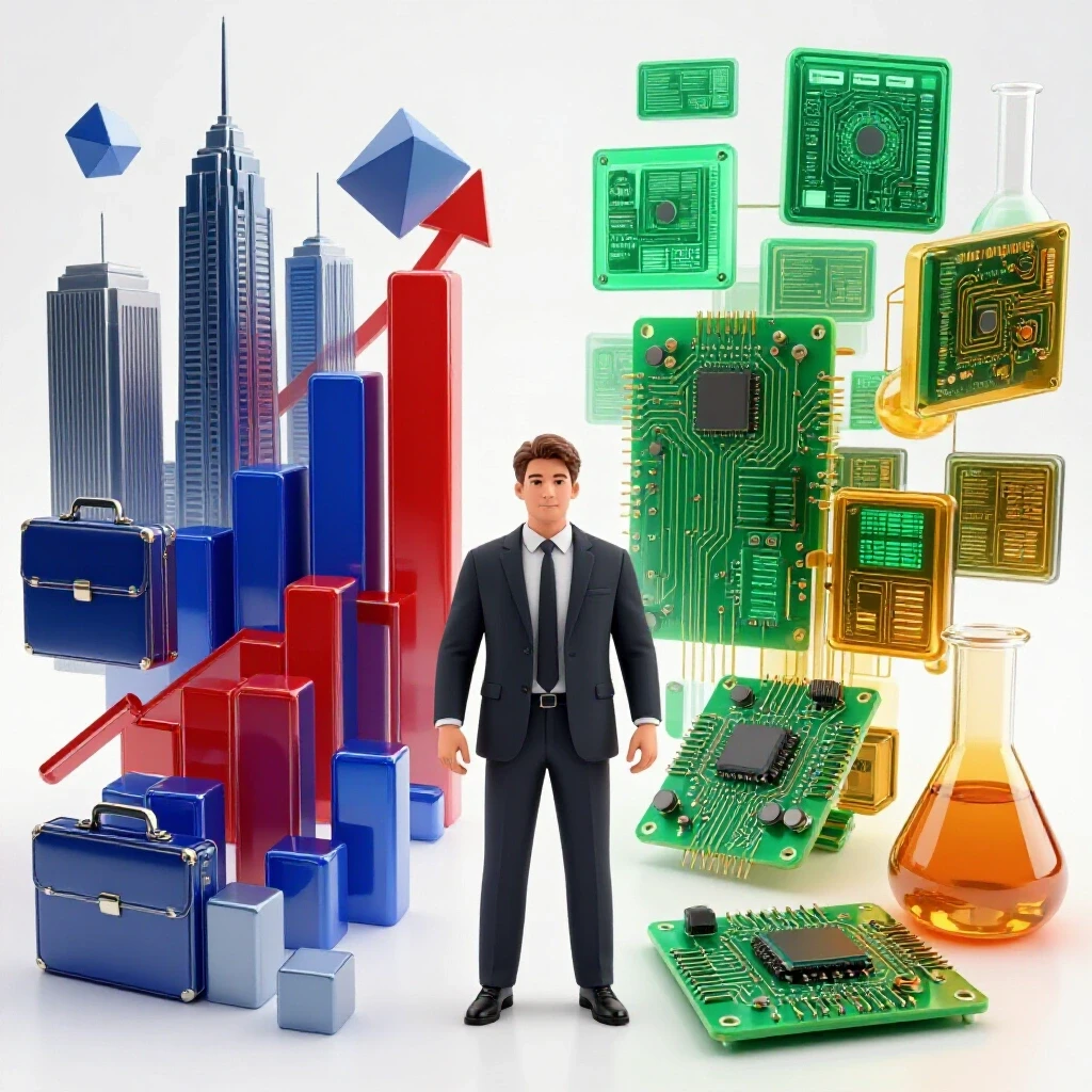 Split scene showing contrasting business and technical career symbols in a bright studio setting, highlighting opportunity.