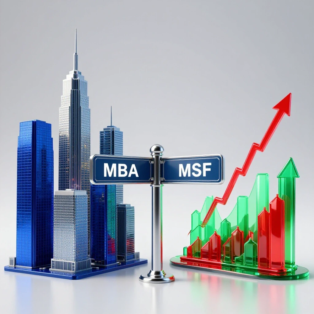 A split scene shows a crossroads signpost, with one path leading to blue skyscrapers and the other to dynamic financial graphs.
