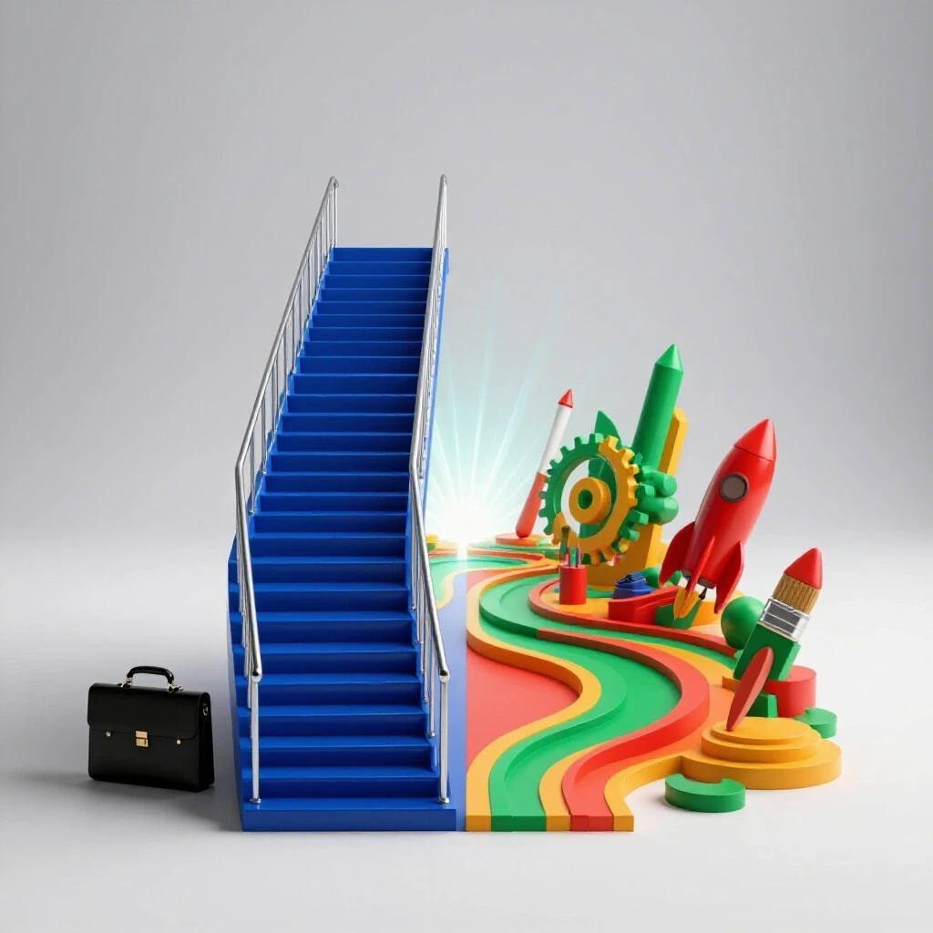Split scene with corporate stairs and entrepreneurial creative icons converging toward a radiant opportunity horizon.