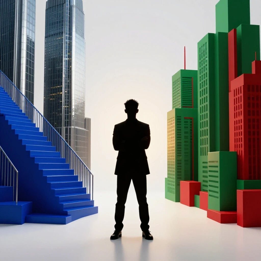Split visual of a staircase toward a skyscraper on one side and a vibrant urban landscape on the other, set against a bright studio backdrop.