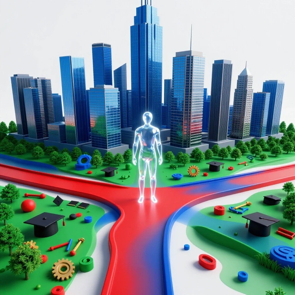 A forked pathway diverges at the center; one side leads to a shining city skyline, the other to diverse symbols of opportunity, with an abstract figure at the crossroads.