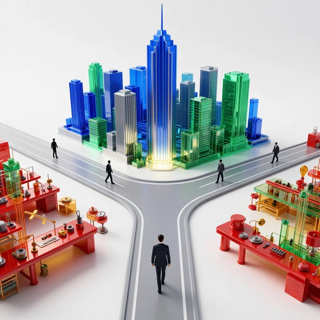 Crossroads with vibrant paths splitting toward a modern city skyline and a creative workshop, symbolizing career choices.
