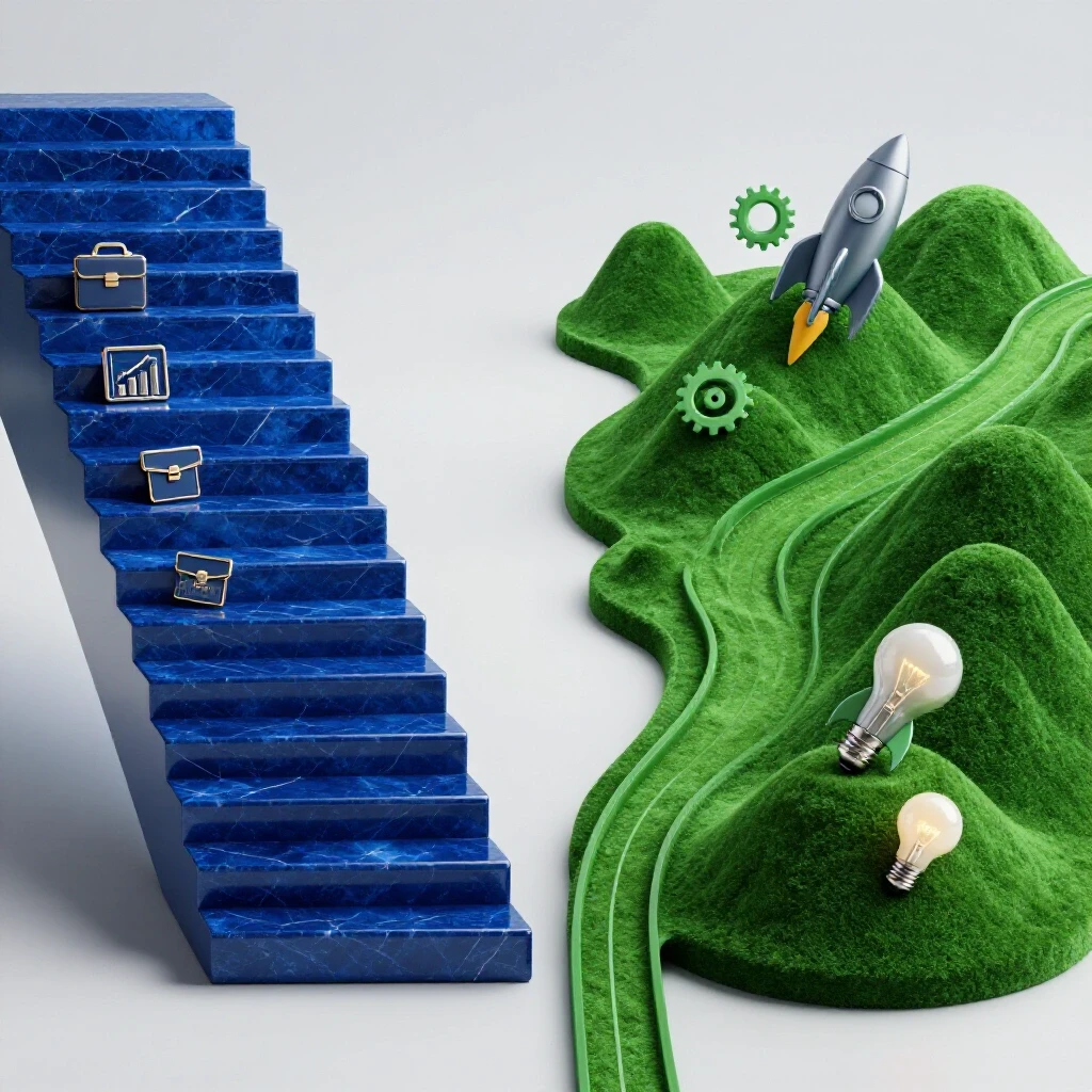 Split scene with a blue business staircase beside an emerald innovation pathway on a bright background