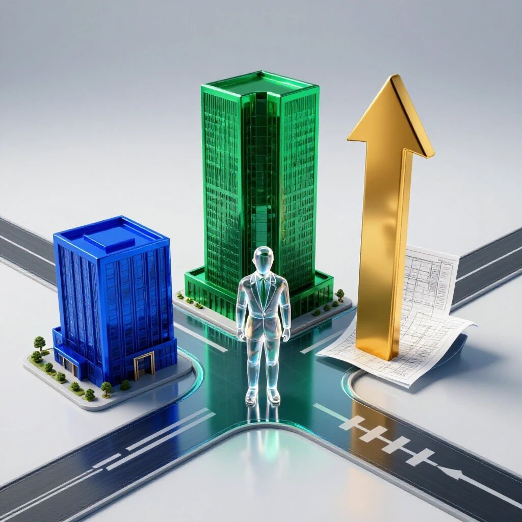 A crossroads with a business school and project blueprint divided by a golden arrow, symbolizing the MBA and PMP career decision.