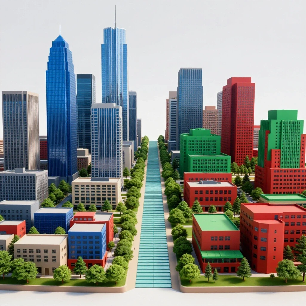 Split scene with gleaming skyscrapers and a regional campus connected by winding steps, symbolizing MBA career choices.