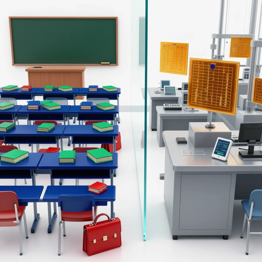 Split scene contrasting a vibrant business classroom with a sleek, colorful factory floor divided by a bold glass separator.
