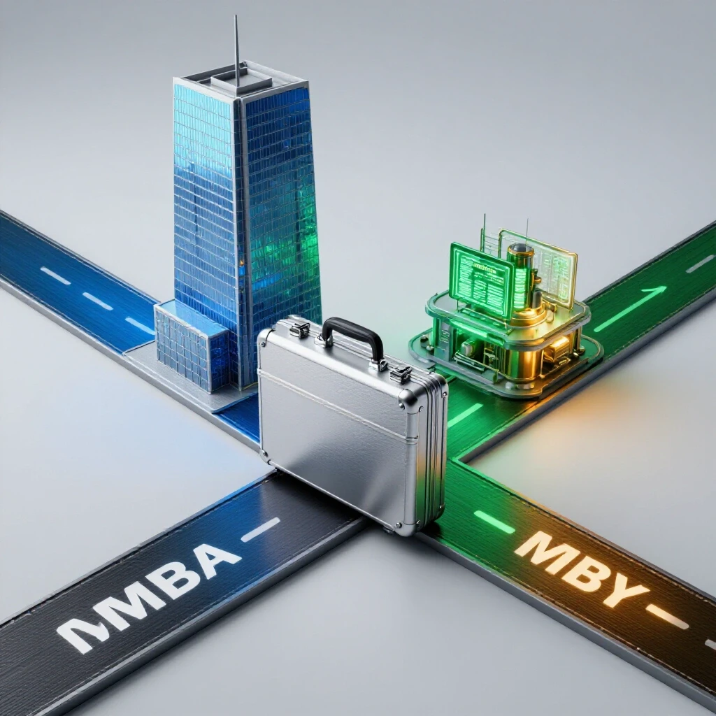 Glossy engineer's briefcase at a crossroads between a glass skyscraper and a high-tech lab, symbolizing career choices.