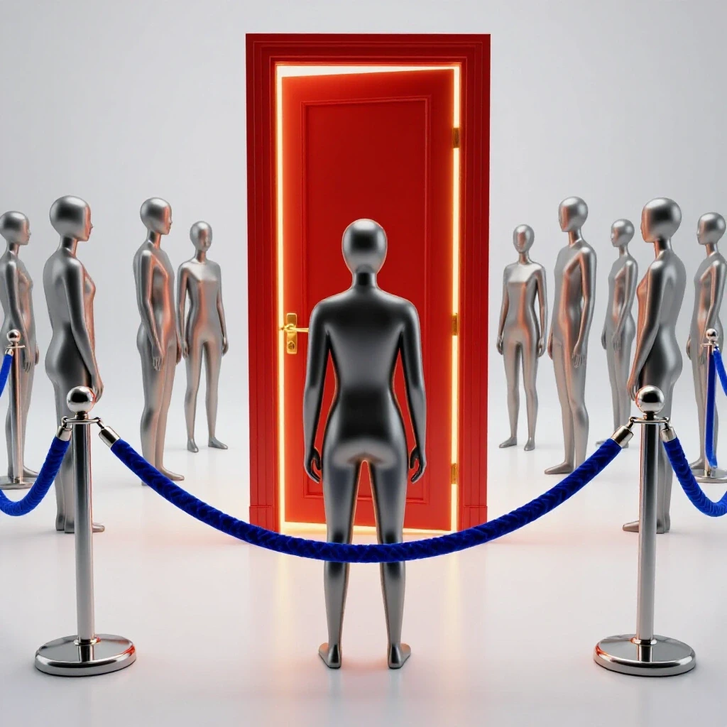 A vibrant velvet rope barrier and a glowing red door with abstract figures waiting, symbolizing MBA waitlist.