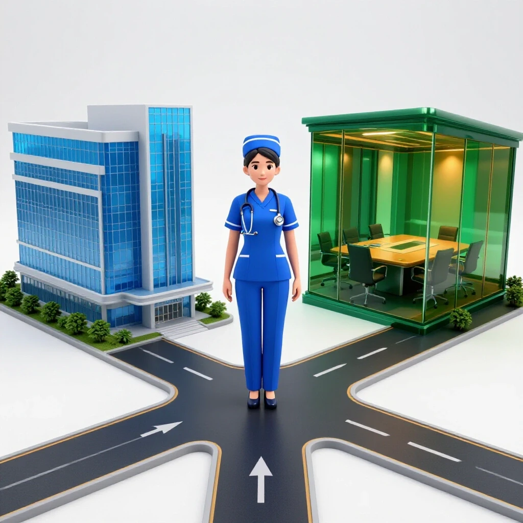 Central nurse uniform at a crossroads leading to a hospital on one side and a corporate boardroom on the other