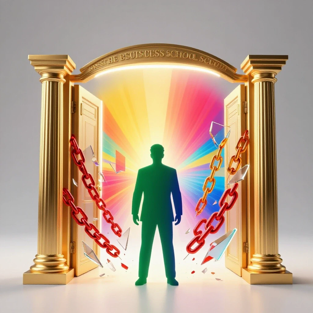 Confident figure stands at a glowing gateway to a business school with broken academic chains and a bright horizon.