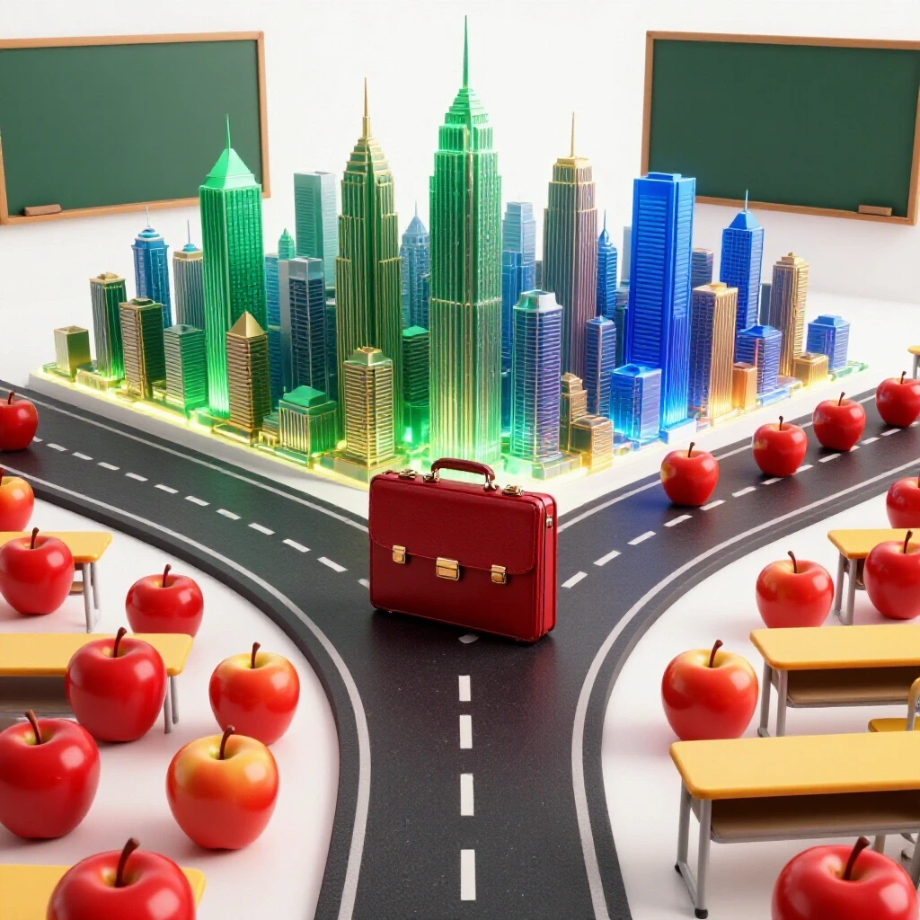 A symbolic briefcase at a crossroads splitting toward a vibrant city skyline and a familiar classroom, set on a bright white background.