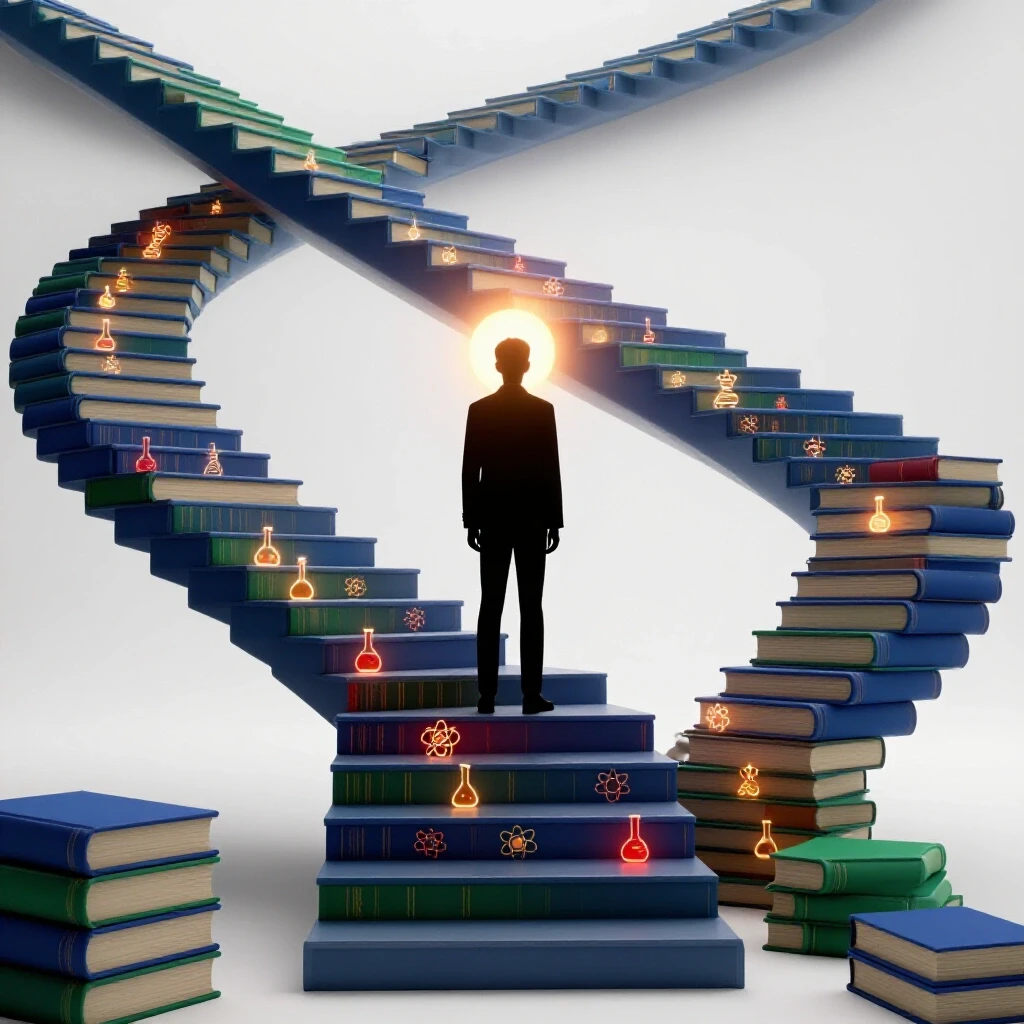 Staircase of colorful books and science symbols rising toward a glowing light, evoking the journey to MCAT success.