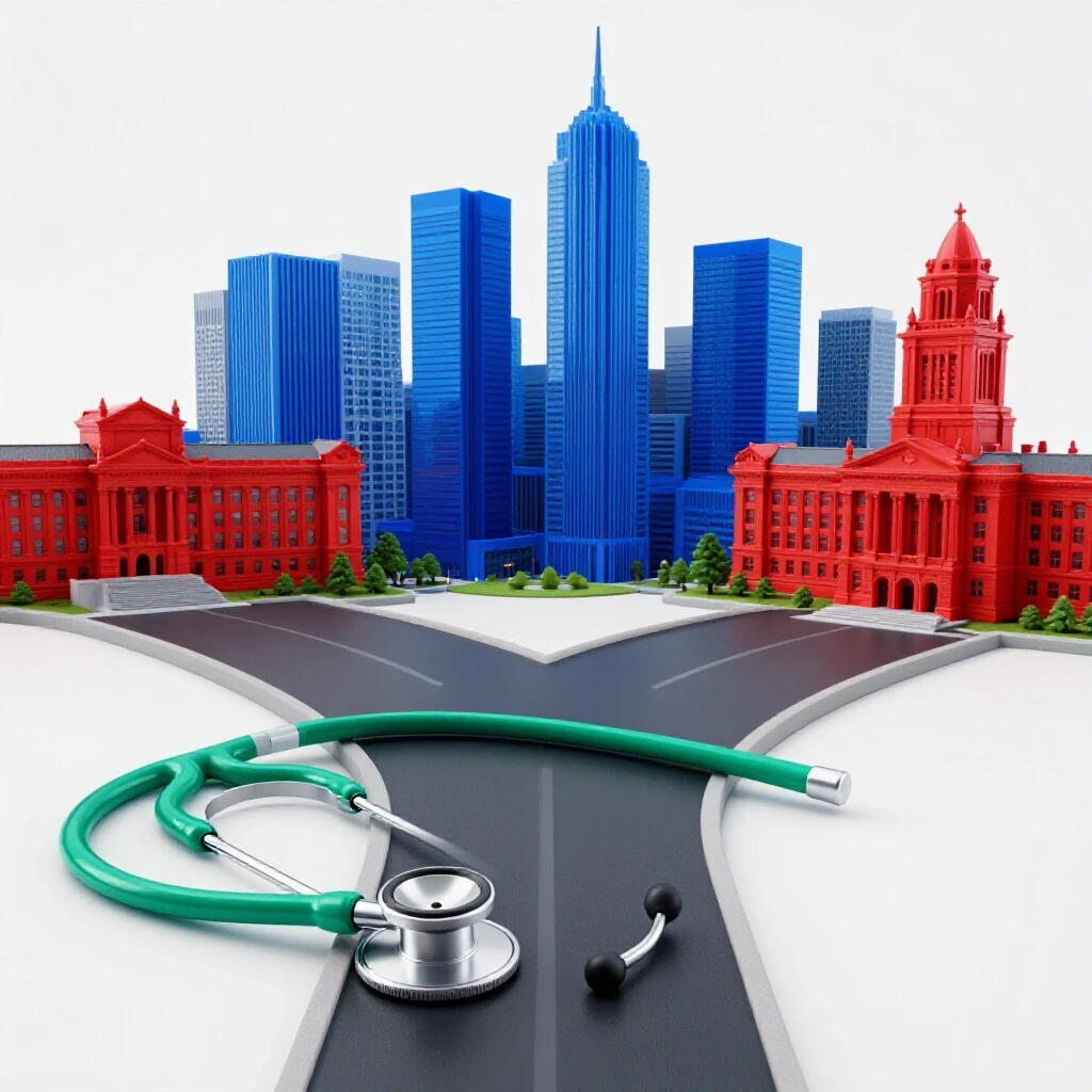 A stethoscope links a crossroads between a vibrant Canadian city skyline and a crimson medical university.