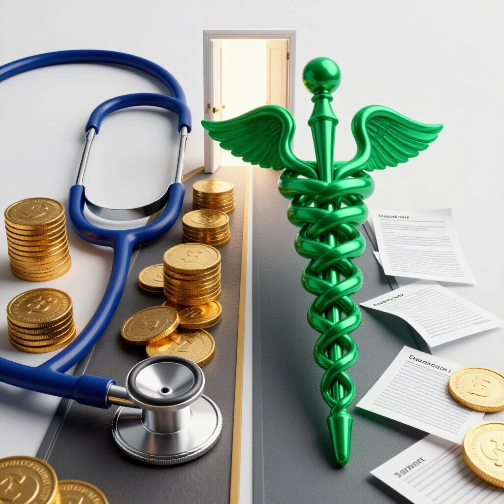 Split path with stethoscope and coins on one side, caduceus and loan papers on the other, converging to a luminous open doorway.