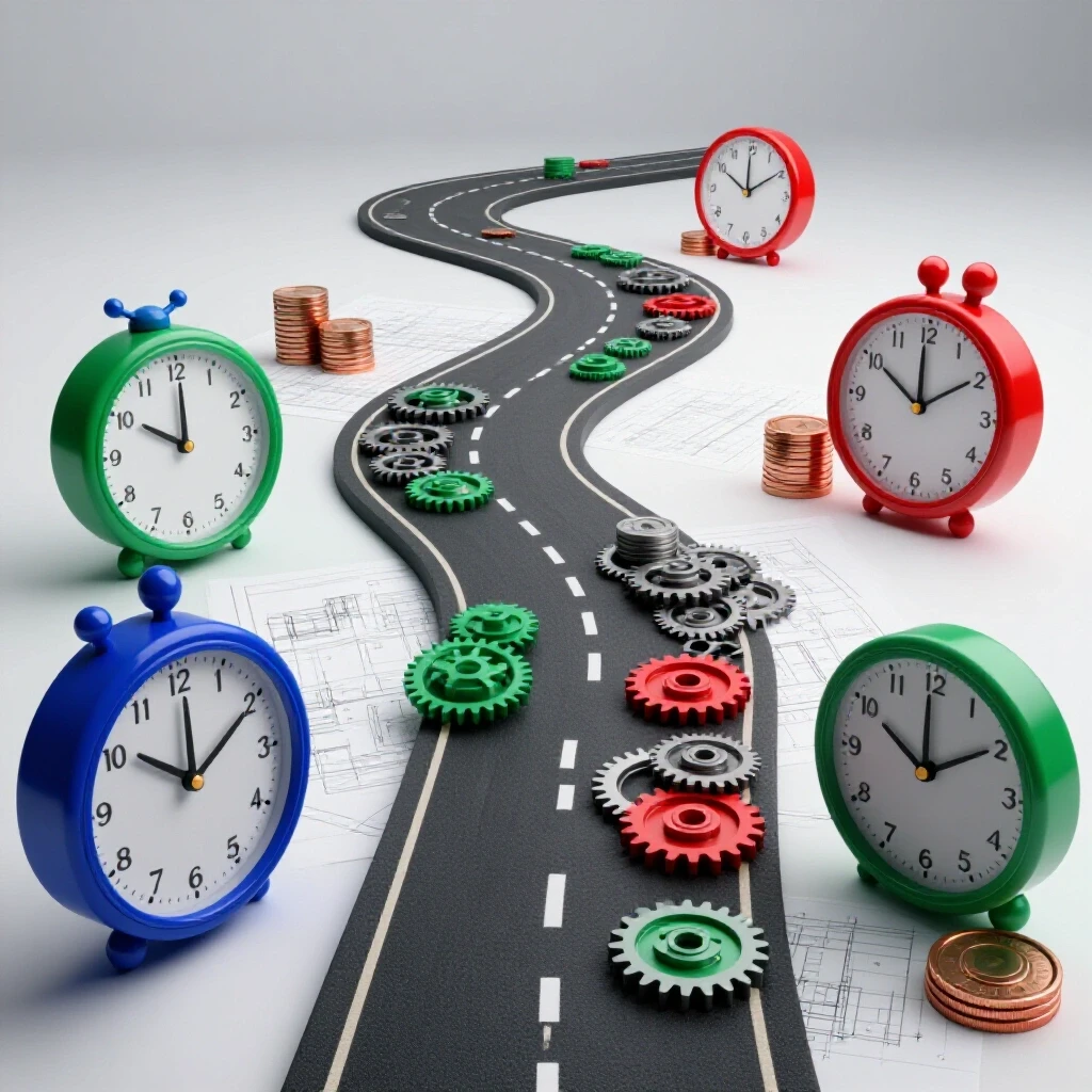 Winding road of metallic gears and blueprints with clocks and coin stacks on a bright background