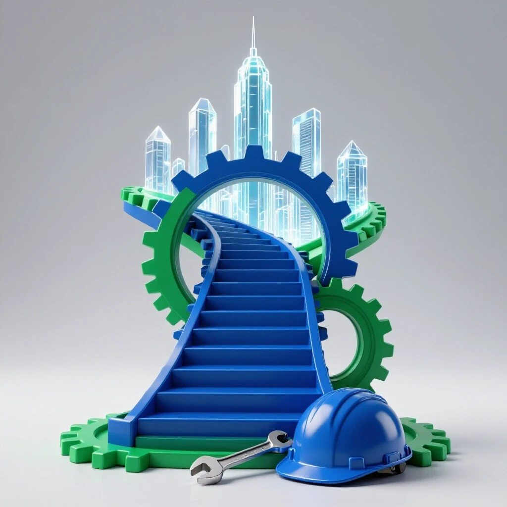 Glossy gear-shaped staircase ascending to a glowing city skyline with hard hat and wrench at the base, on a bright background