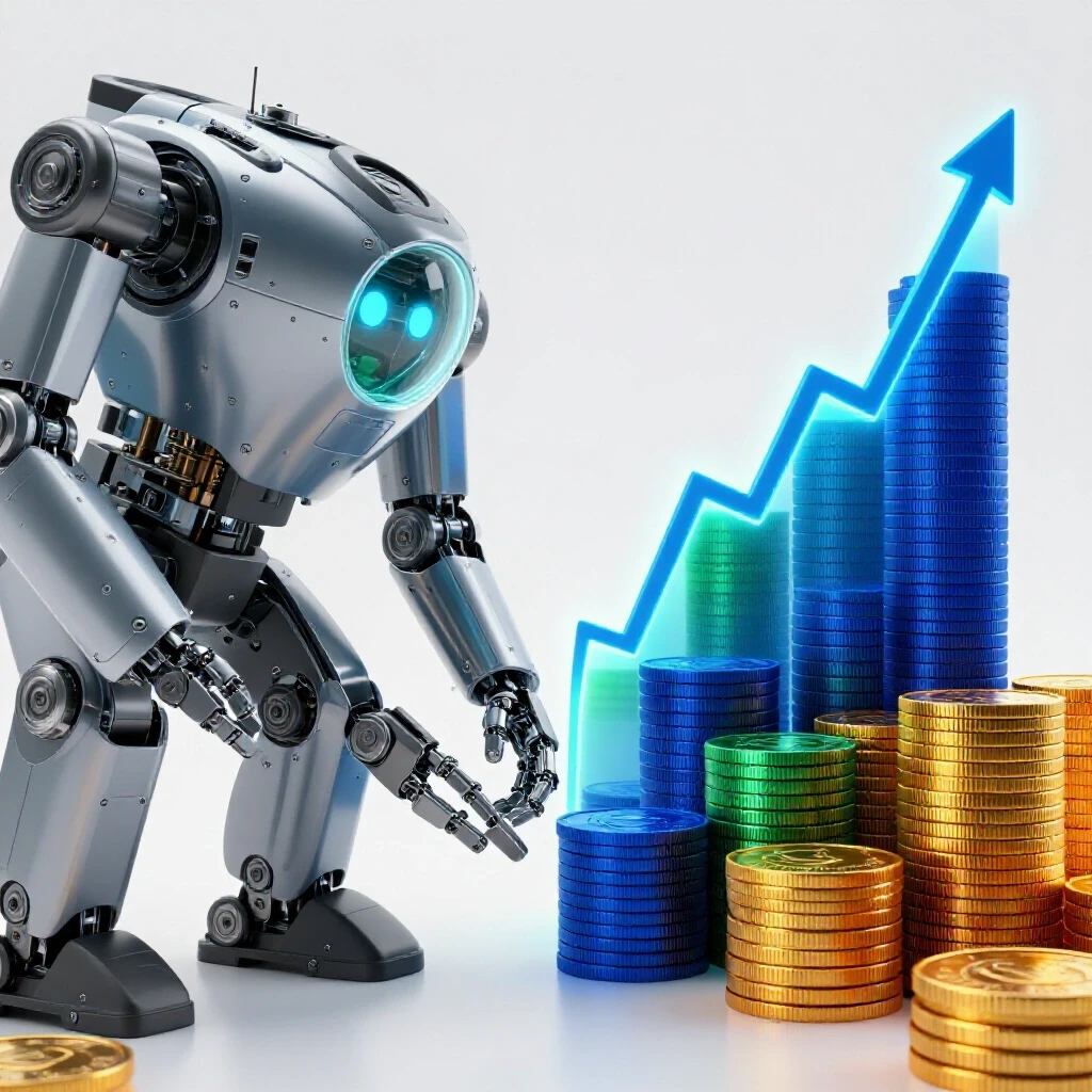 Split scene of a futuristic robotic assembly alongside rising coins and glowing graph, symbolizing career ROI.