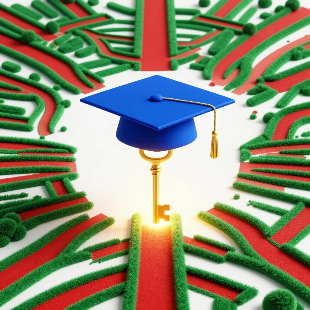 A royal blue graduation cap transforming into a glowing golden key with branching colorful educational pathways on a bright white background.