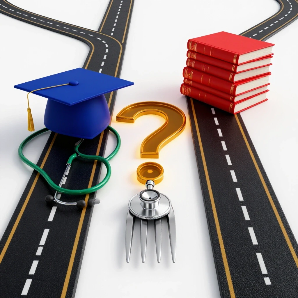 Vivid 3D scene of a forked path leading to a graduation cap with stethoscope one way, and medical books with question mark road the other.