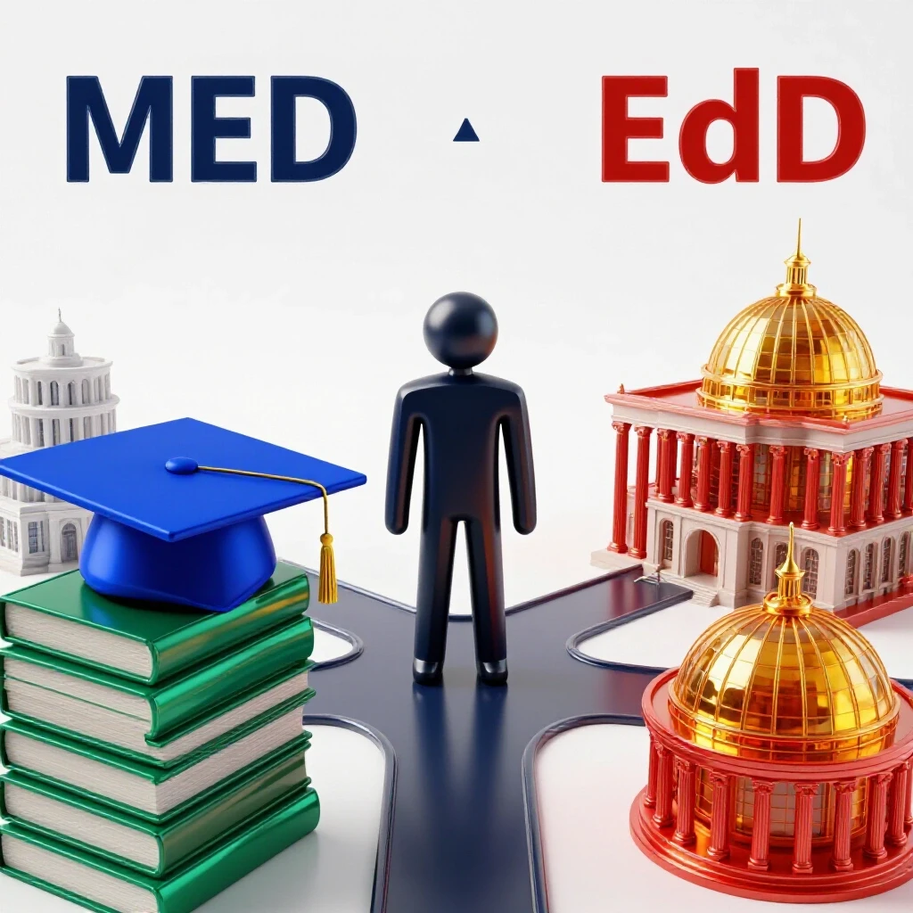 A split scene with a graduation cap on books on one side and an abstract figure at a crossroads leading to different academic buildings on the other, each object in bold colors on a bright studio background.