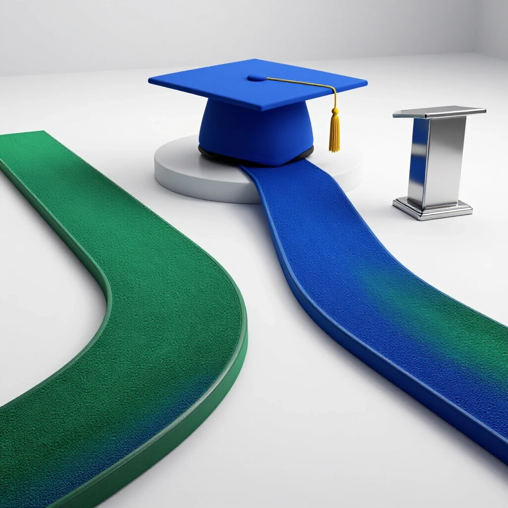 Two vibrant diverging academic paths—one leading to a graduation cap, the other to a leadership podium—set in a bright studio.