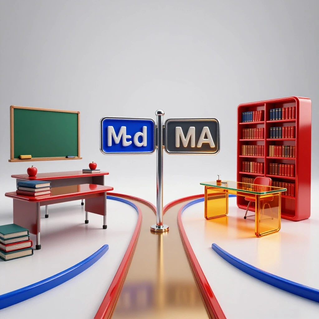 At a bright forked path, one route leads to a modern classroom, the other to a scholarly library desk, with vibrant objects symbolizing MEd and MA choices.