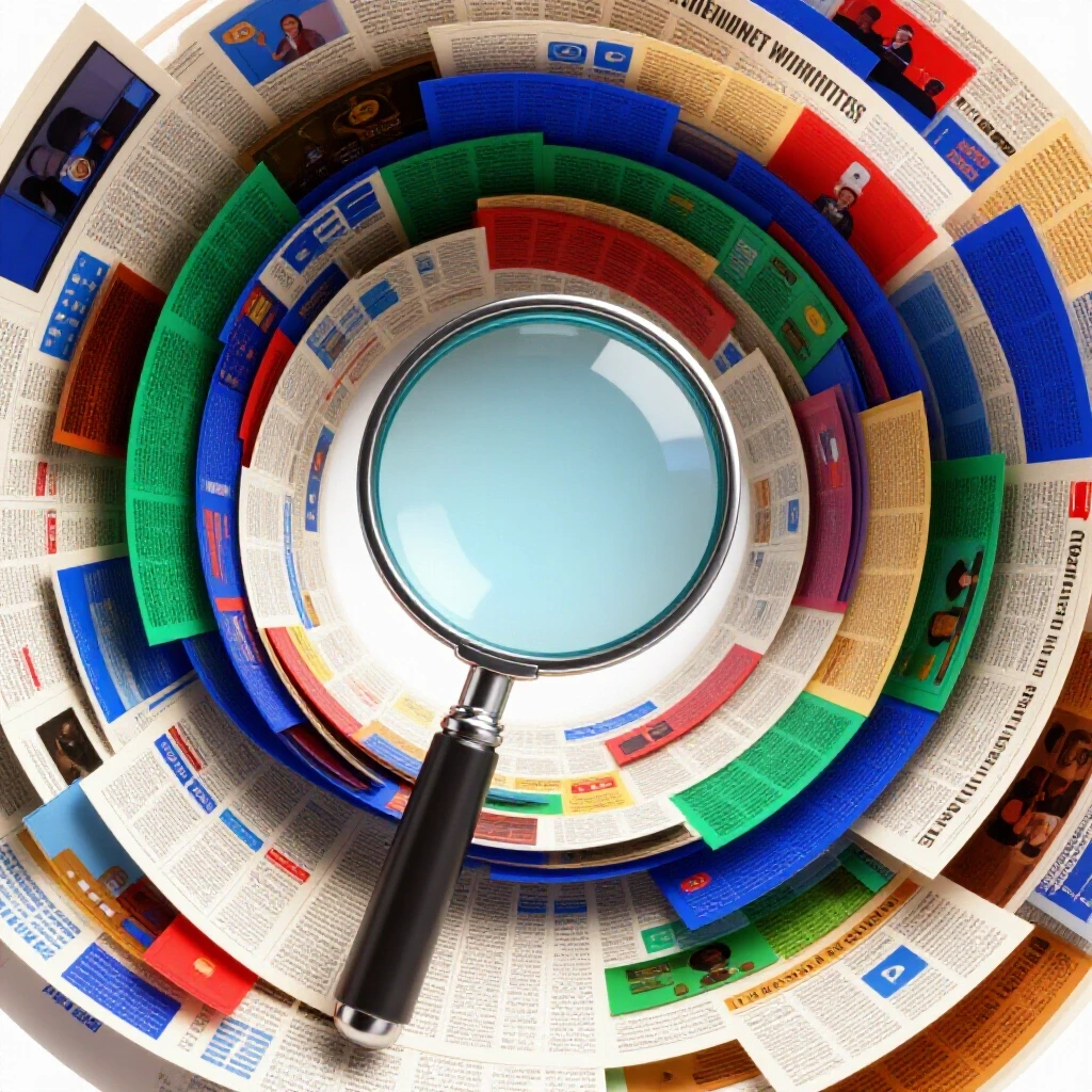 Magnifying glass over a vivid swirl of news, social media, and video icons with hidden symbols emerging