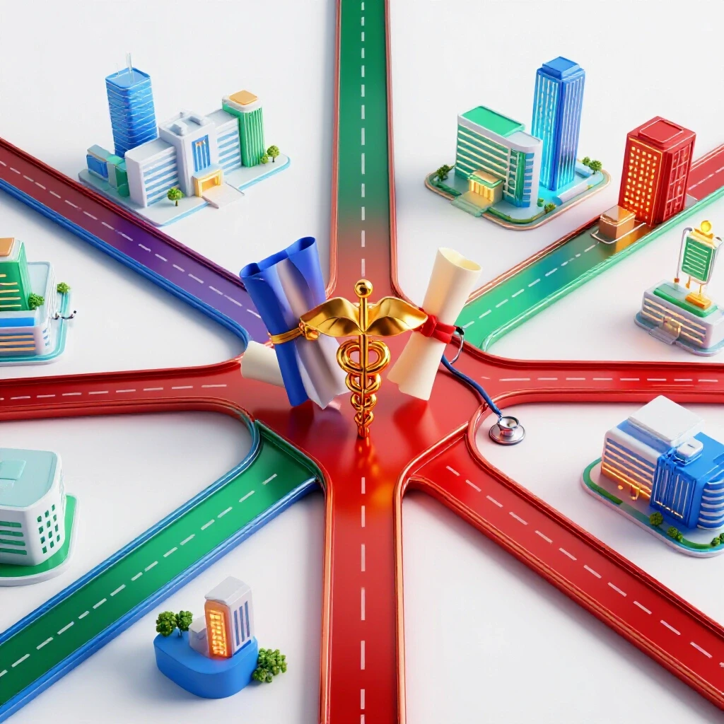 Glossy crossroads with healthcare symbols and illuminated cityscape showing medical career pathways.