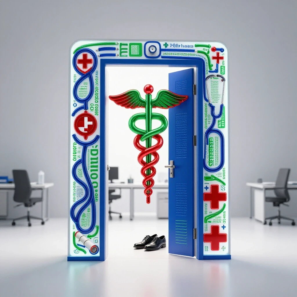 Glowing doorway made from swirling medical codes and symbols opens to a bright office, symbolizing new medical coding careers.