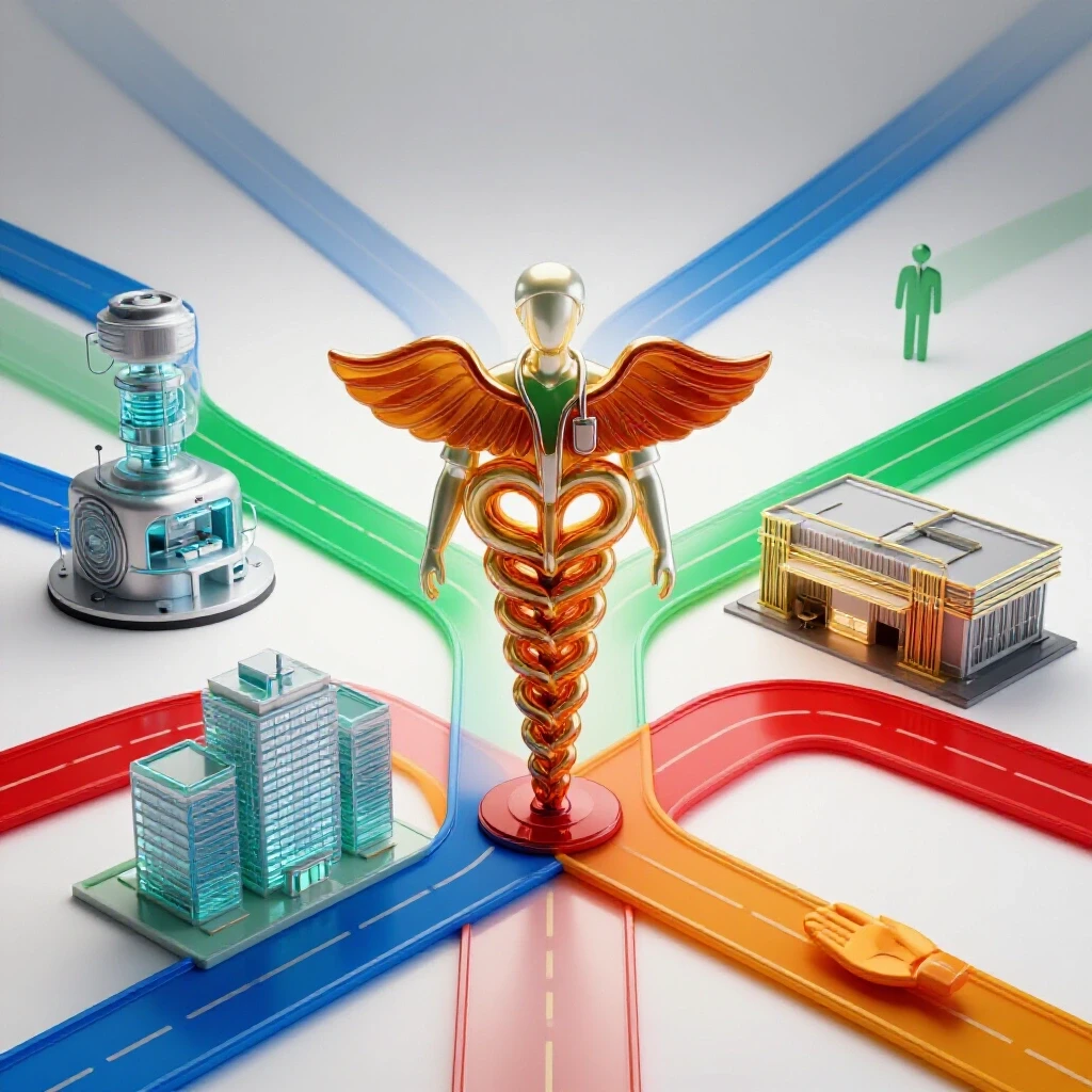 Abstract crossroads featuring a medical symbol splitting into hospital, tech lab, business, and community pathways.