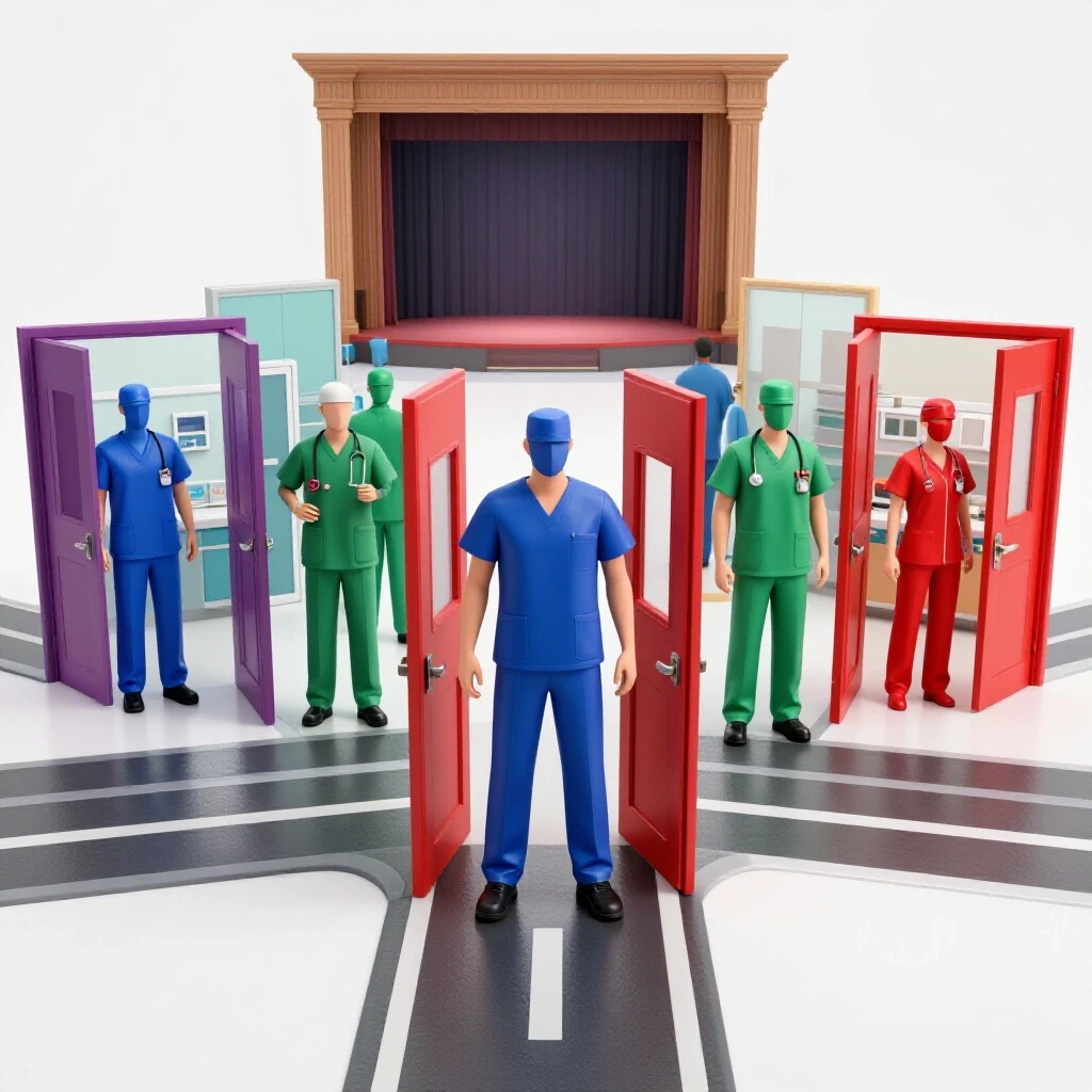 Bright crossroads with vibrant medical uniforms at open hospital doors, empty graduation stage in background