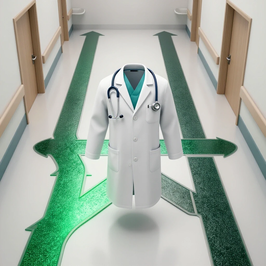 Doctor's coat and stethoscope at a crossroads in a hospital corridor with illuminated and shadowed paths.