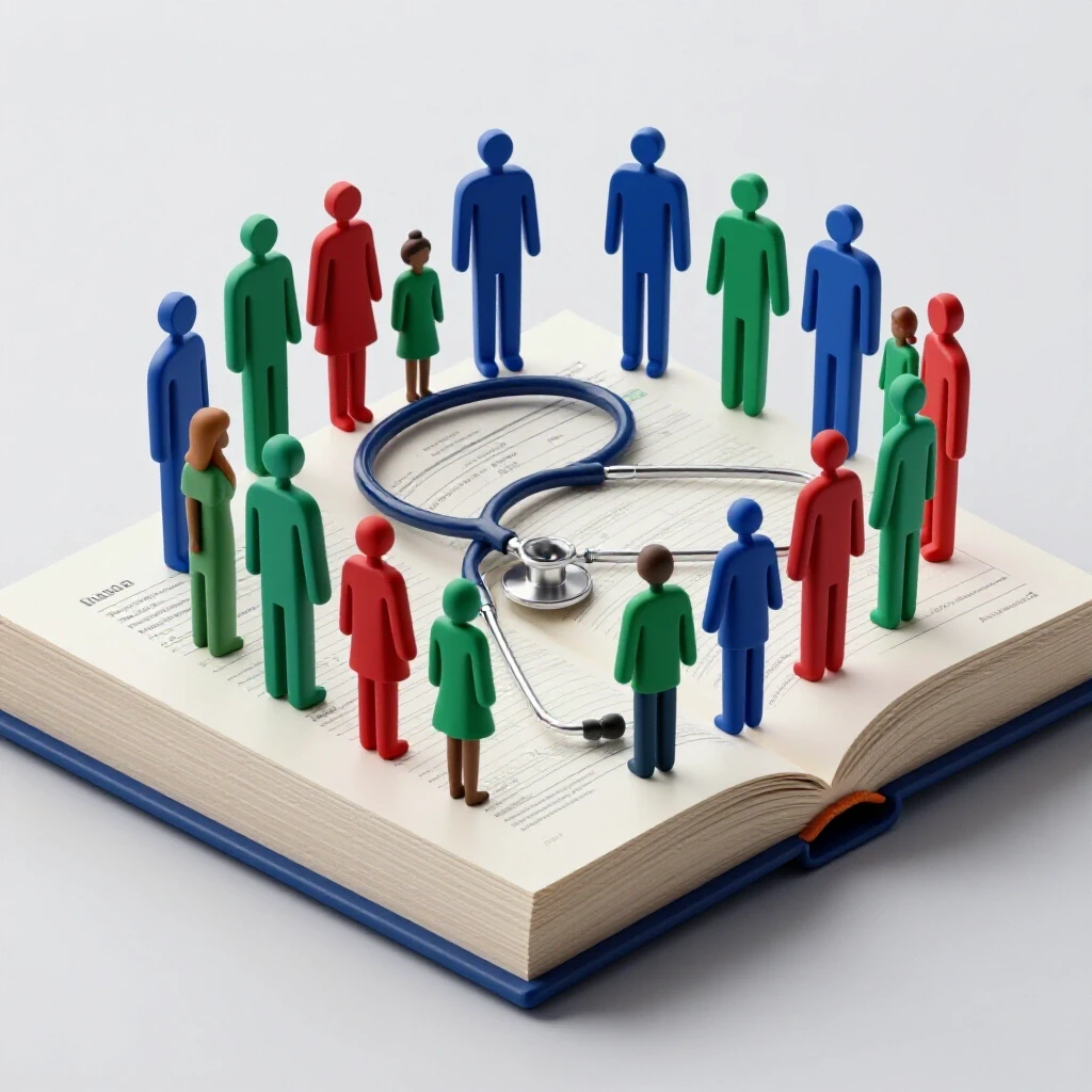 A large open book resembling a stack of medical bills with a stethoscope linking abstract family figures, all in rich colors on a bright background.