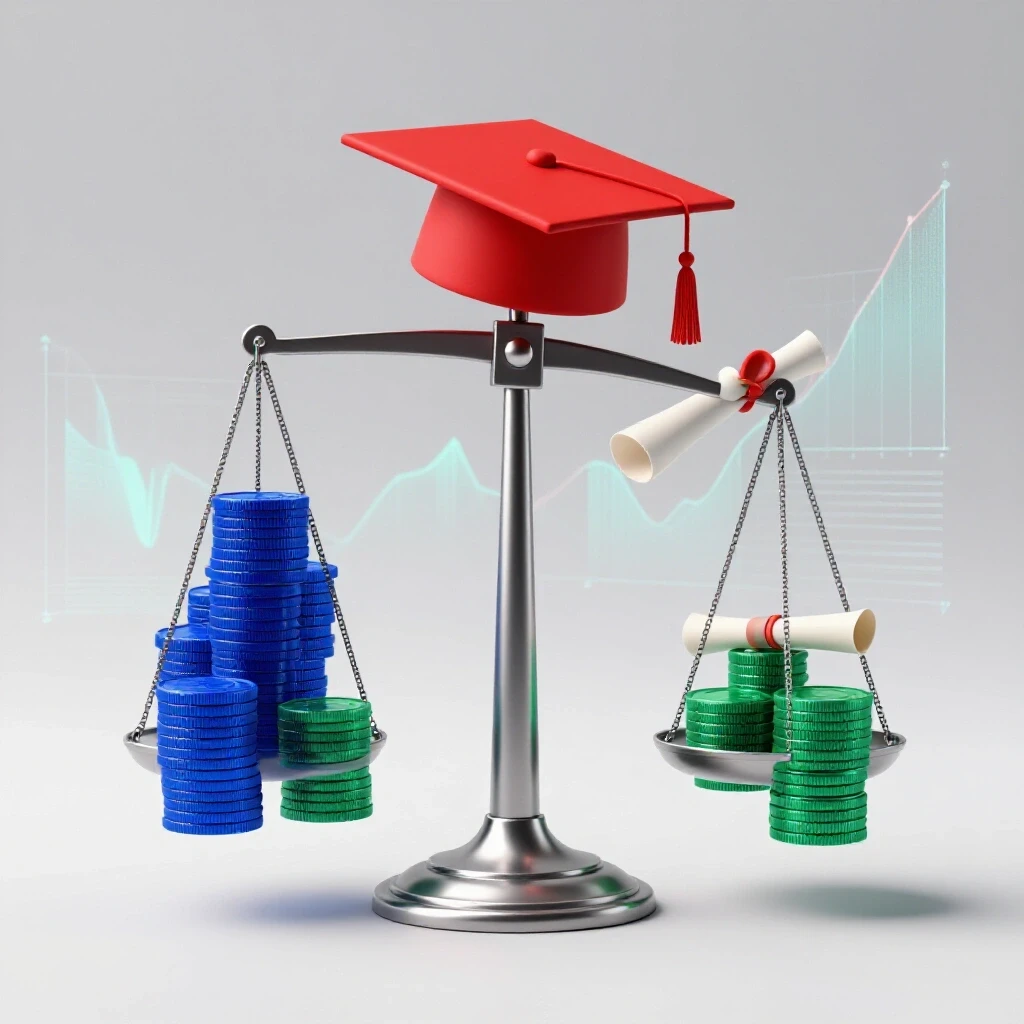 Balanced metallic scale with stacks of coins and a medical graduation cap, set before abstract data graphs