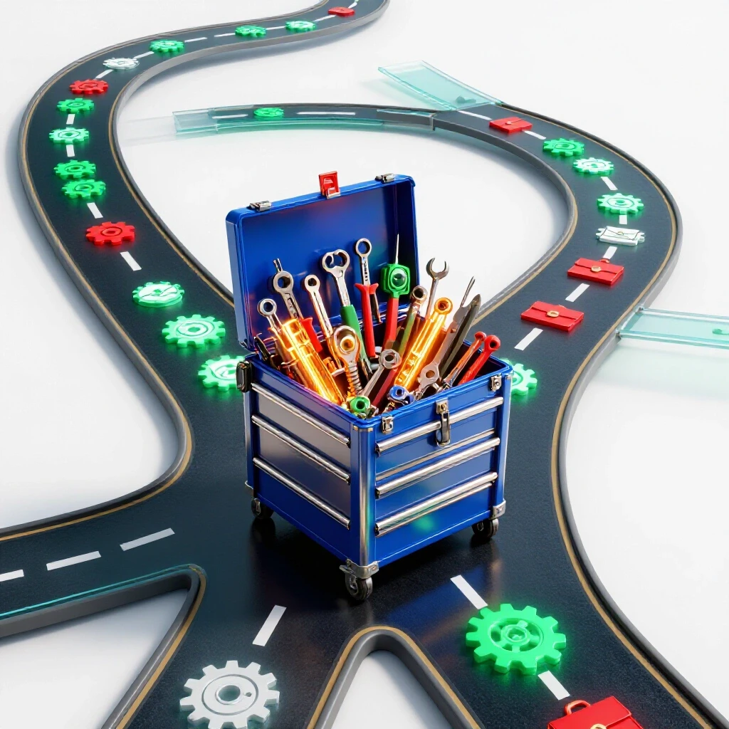 Glossy toolbox overflowing with bright engineering tools at a crossroads, with a winding opportunity road, all on a luminous white background.