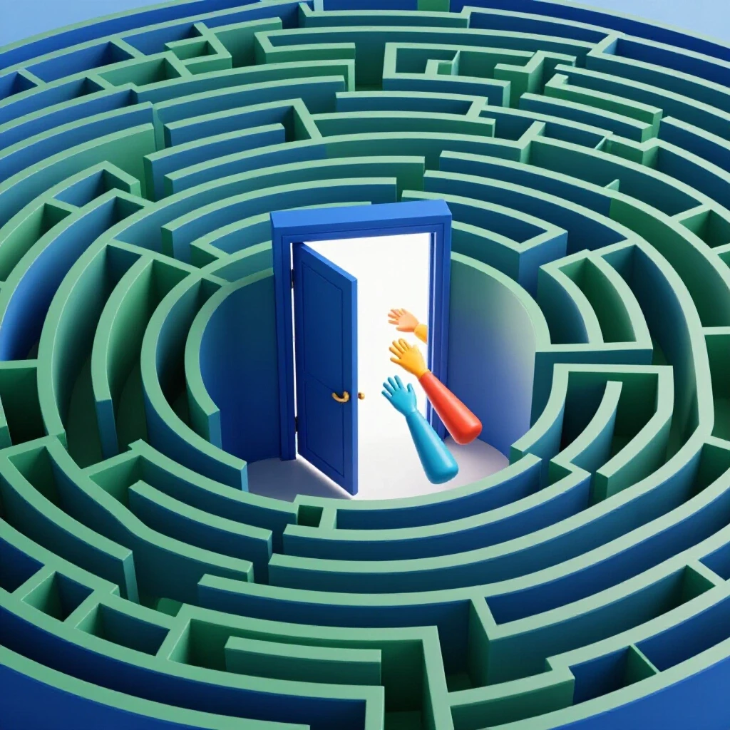 An open doorway in a vibrant maze leads into a bright space where colorful helping hands reach outward.