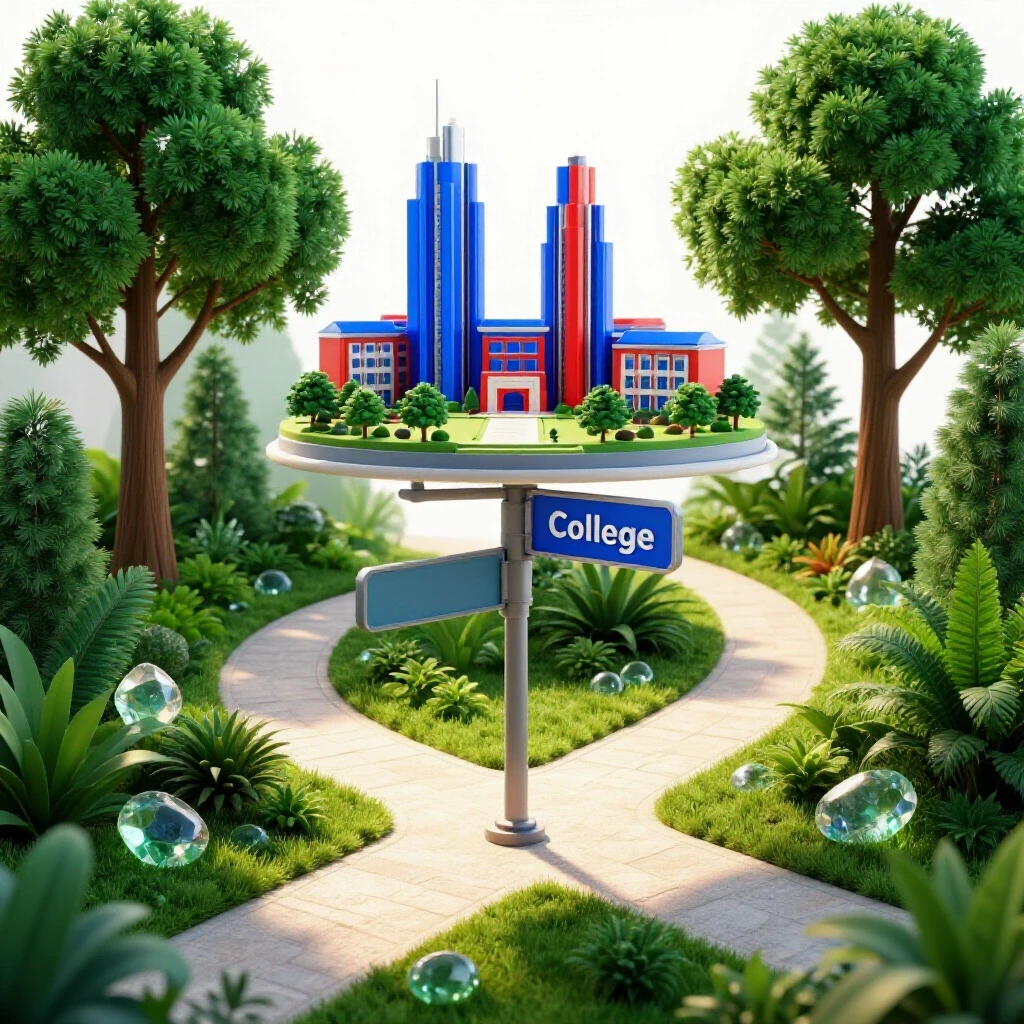 Glossy 3D signpost at a crossroads with a colorful campus on one side and a tranquil green sanctuary on the other.