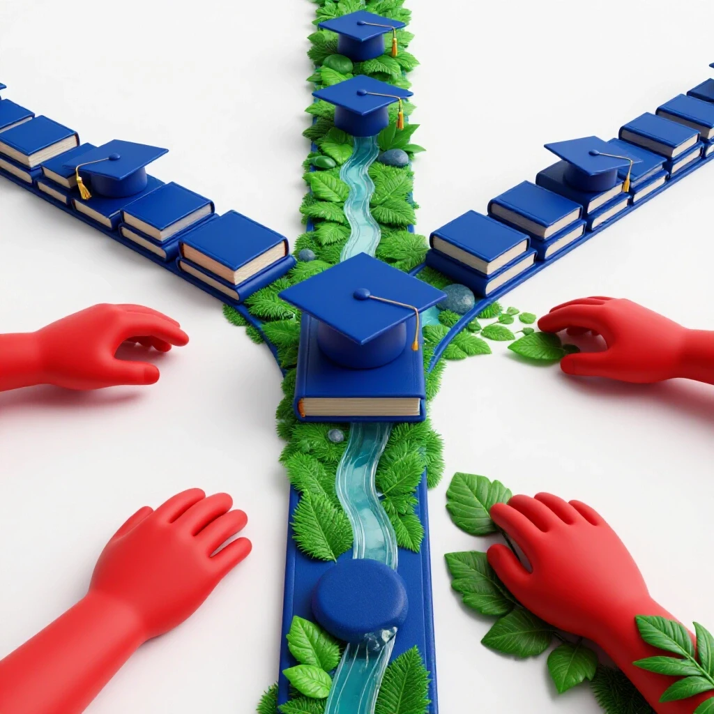 Two vibrant path choices: one with blue books and caps, the other with green nature and red hands, on bright background.