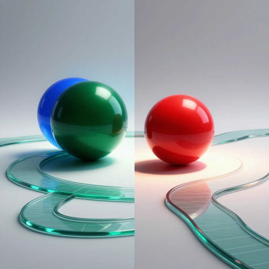 Contrast between green and blue mentorship spheres and a red sphere navigating a winding path, set on a bright studio background.