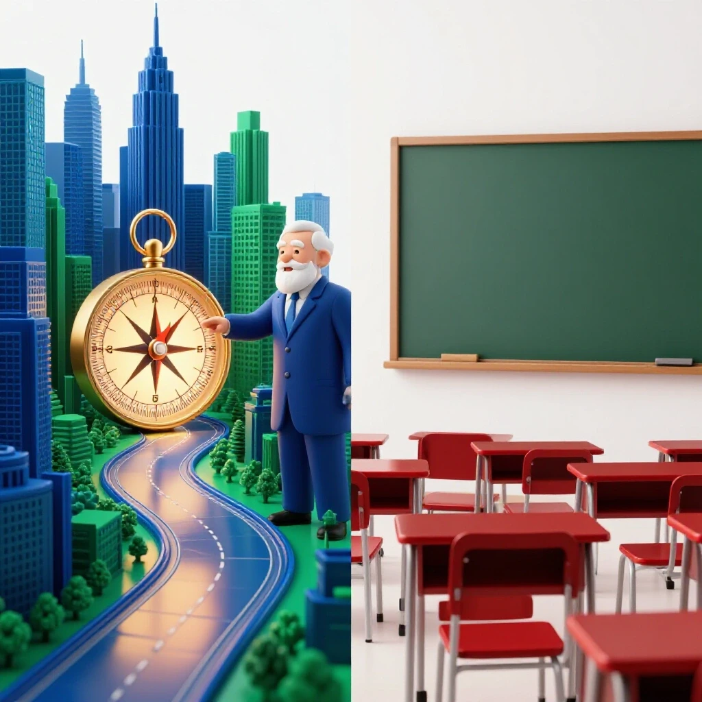 Split scene with a glowing compass guiding a path through a modern city on one side and a vivid traditional classroom on the other.