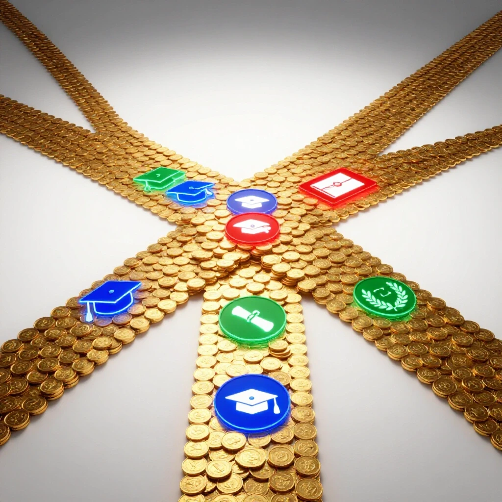 A crossroads with one brightly spotlighted path paved in gold coins and academic symbols, other paths fading into shadows.
