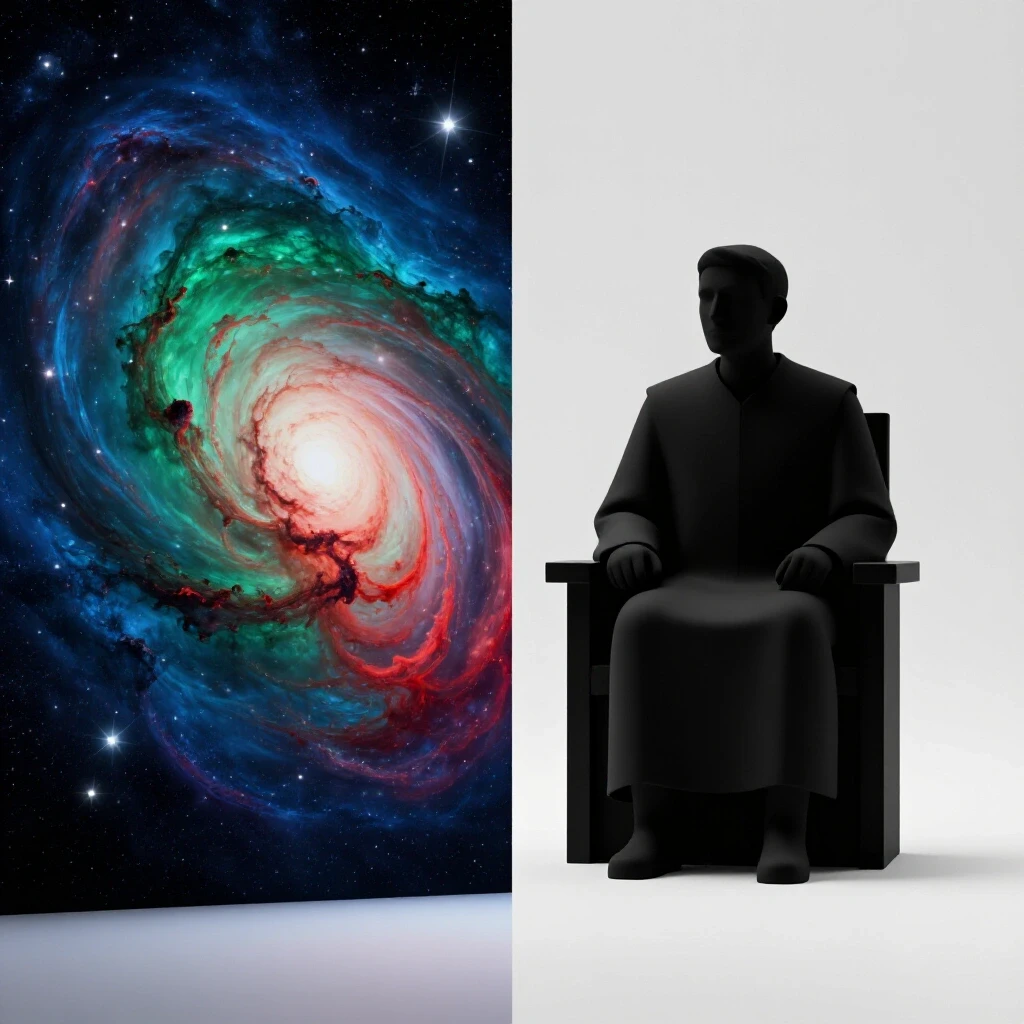 Split scene featuring a vibrant cosmic landscape contrasted with a stark questioning silhouette in an academic setting.