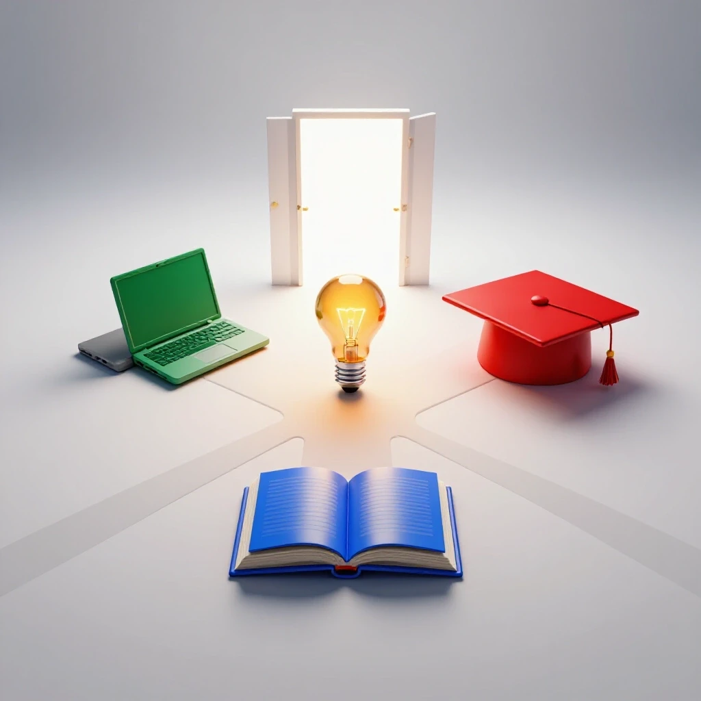 Crossroads of colorful educational tools and symbols converging toward a radiant gateway of learning.